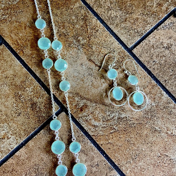 Jewelry - Blue chalcedony and sterling silver necklace and earrings set 925